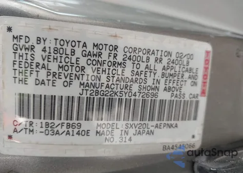 2000 Toyota Camry Le из США, поврежденный, VIN JT2BG22K5Y0472696